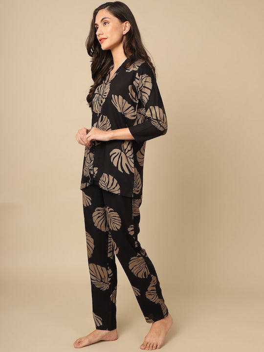 Studio By Arj Layla Amal Trendy Essentials Poly Viscose black & Brown Printed Night Suit ARJ-PJ-01-BK-LEAF