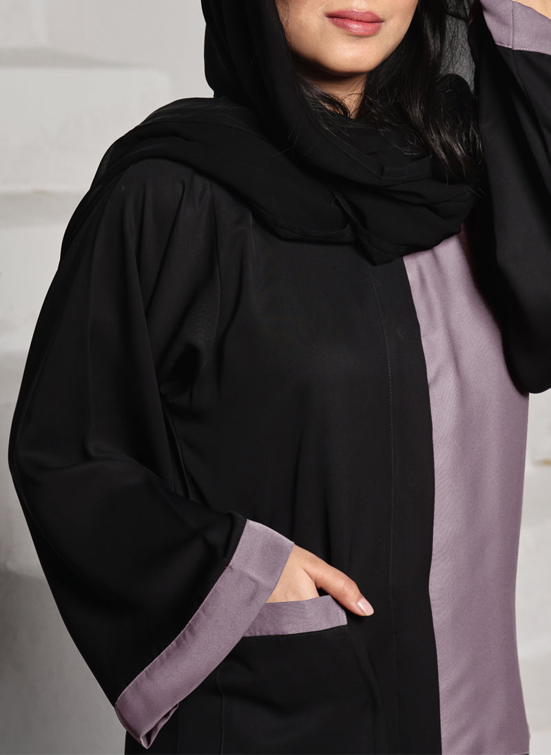 Hijab Ul Hareem Nida Front Open Abaya Black and Light Grape 0118-R-A701