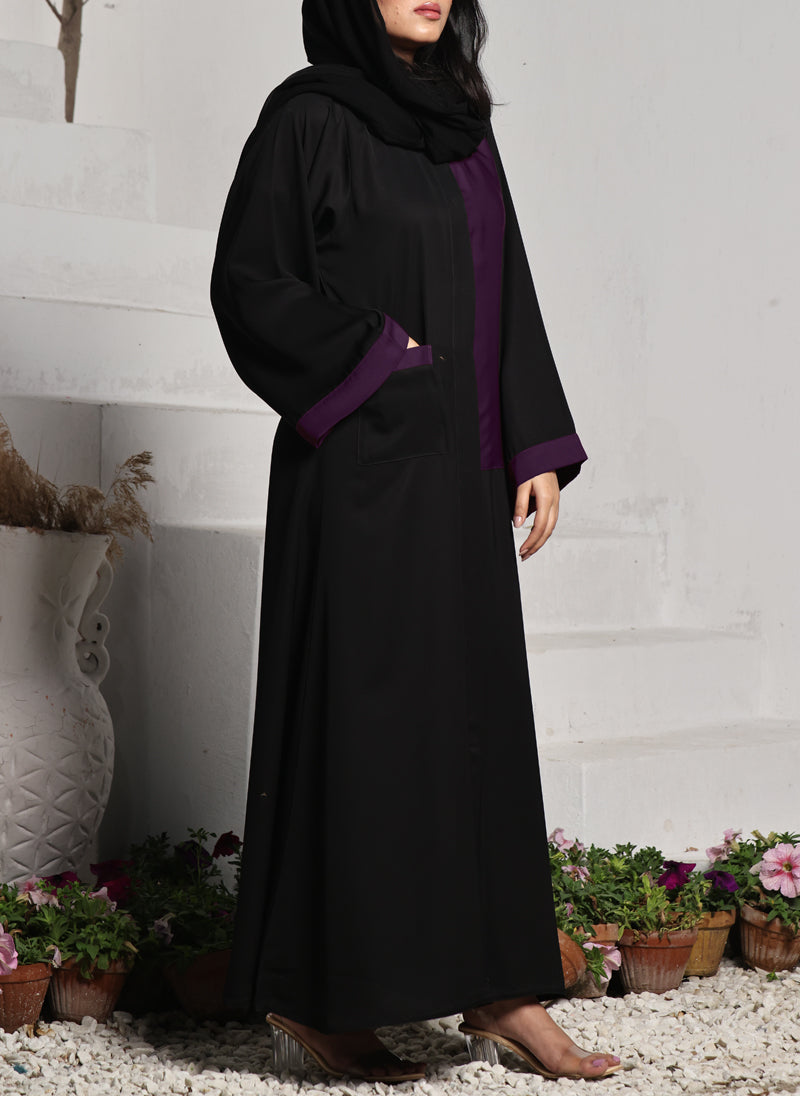 Hijab Ul Hareem Nida Front Open Abaya Black and Dark Purple 0118-R-A701