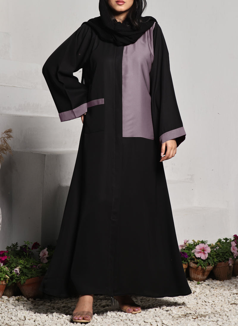 Hijab Ul Hareem Nida Front Open Abaya Black and Light Grape 0118-R-A701