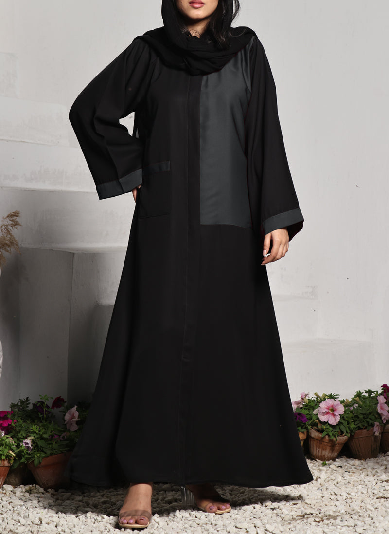Hijab Ul Hareem Nida Front Open Abaya Black and Grey 0118-R-A701