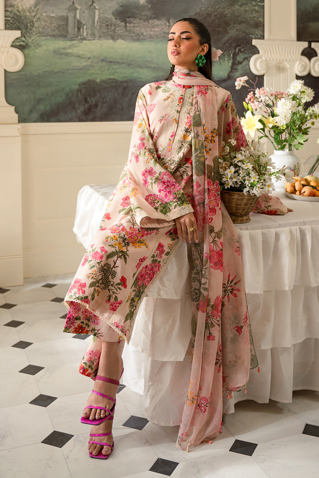 Fresco By Sheenora Stitched 3 Piece Lawn Edit Collection'2024-Musk Pink