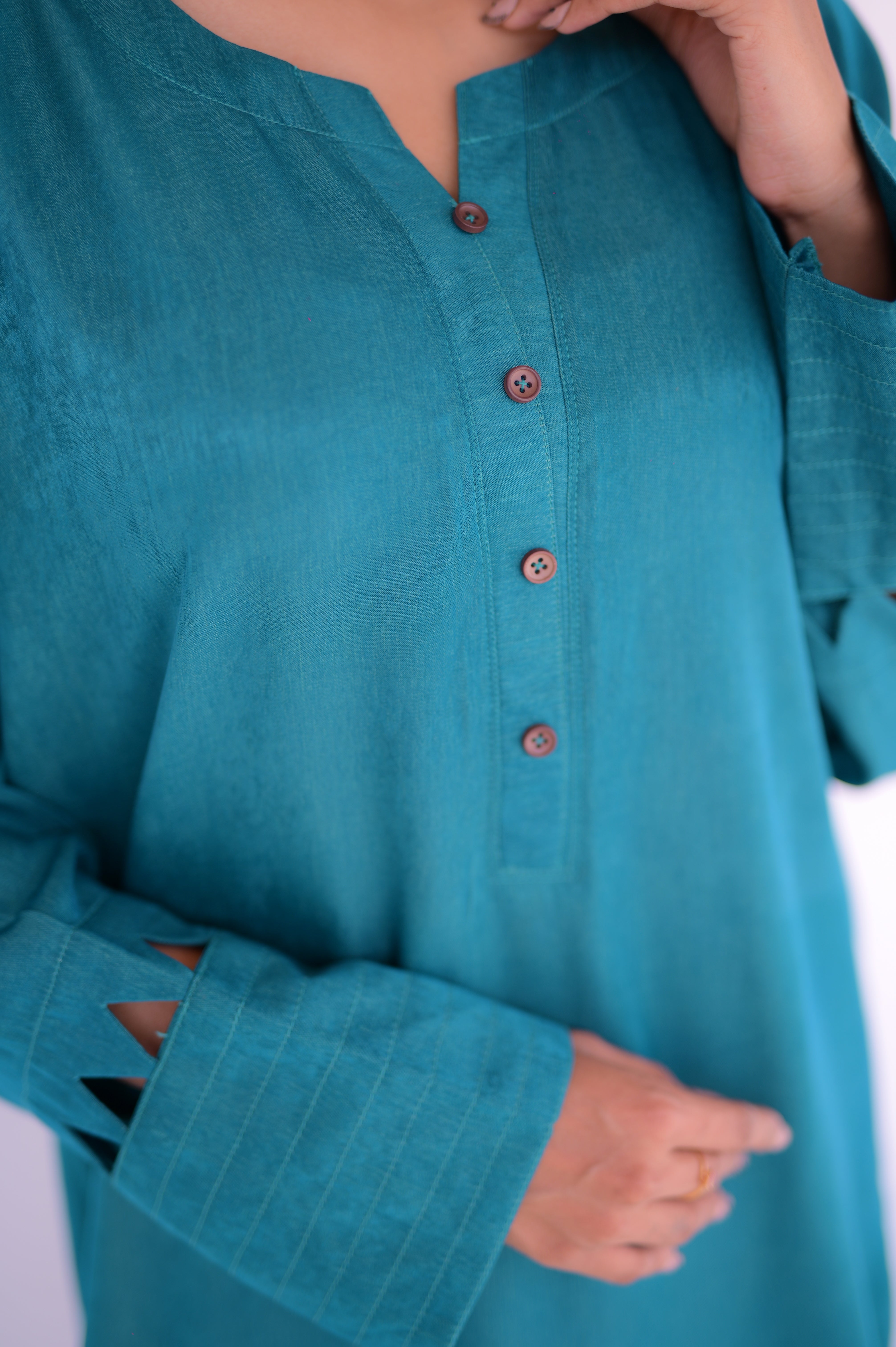 Tehzeeb Threads Solids Collection-Elegant Teal Co-Ord Set | Stitched - 2 Piece | Shirt & Trouser