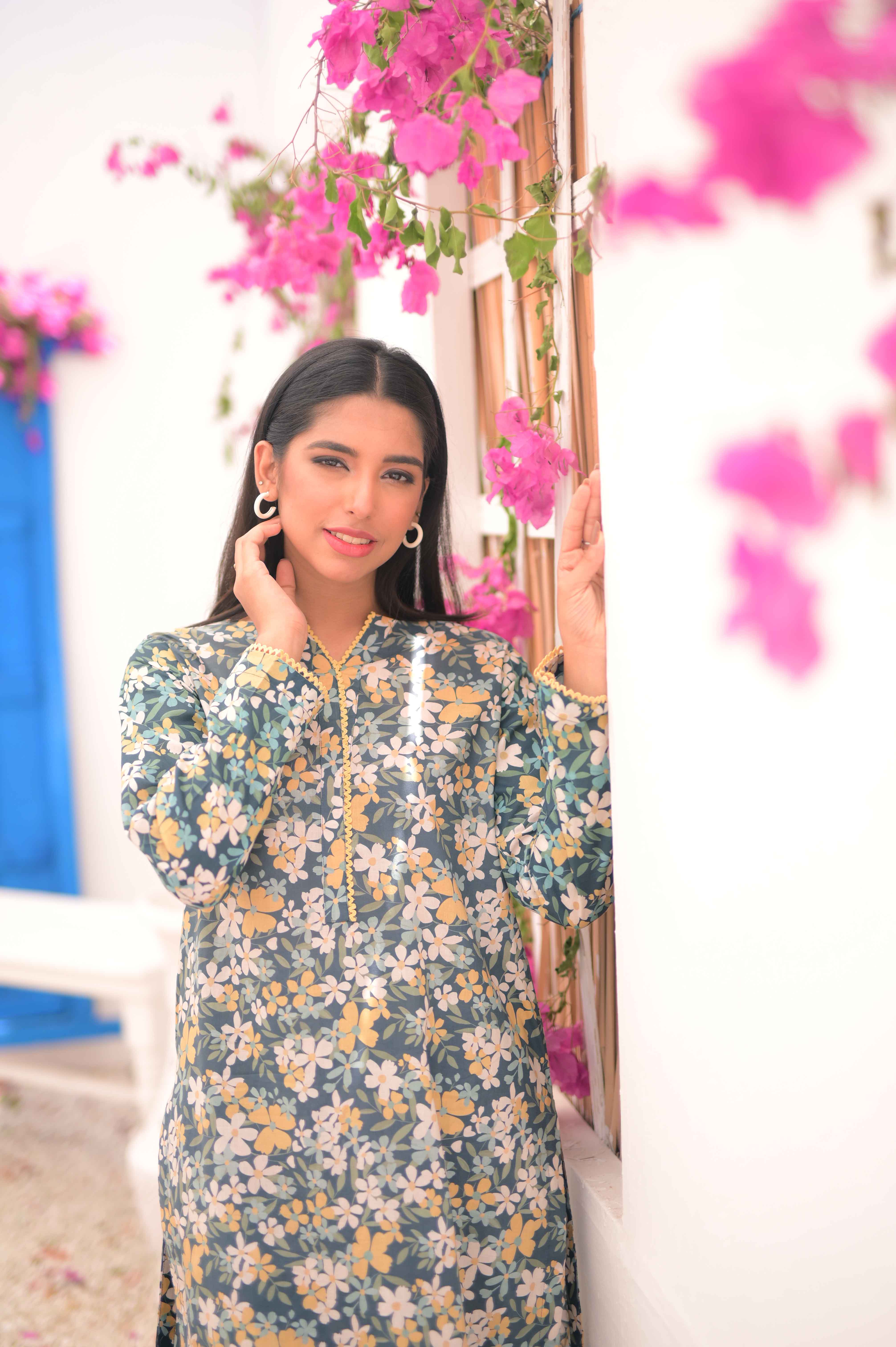 Noor E Gul By Tehzeeb Threads Floral Collection-Soft Lawn Stitched 2 Piece (Shirt/Trouser)-TF-12
