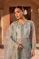 Side pose of model showcasing Aylin Aqua formal dress for party wear