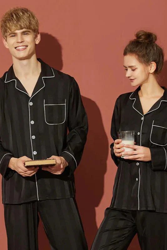 Studio By Arj She's Inn Vogue Contrast Pipping Satin Silk Couple Pajama Sets  ARJ-COUP-02-BLK