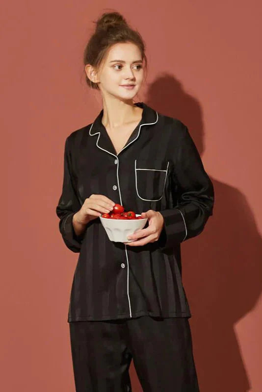 Studio By Arj She's Inn Vogue Contrast Pipping Satin Silk Couple Pajama Sets  ARJ-COUP-02-BLK