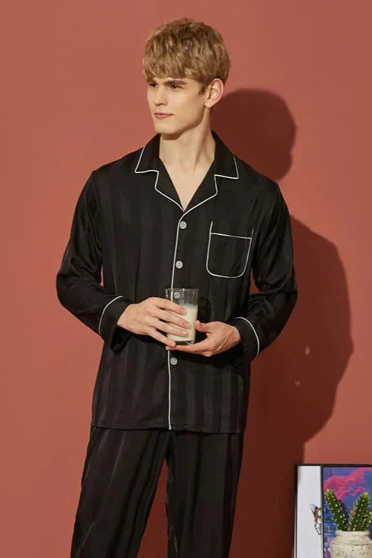 Studio By Arj She's Inn Vogue Contrast Pipping Satin Silk Couple Pajama Sets  ARJ-COUP-02-BLK