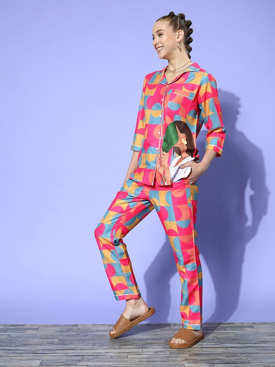 Studio By Arj Layla Amal Vibrant Vibes Crescent  Princess Pink Pyjama Set | Pajama Sets for Women