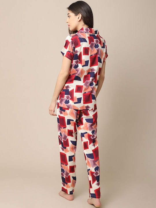 Studio By Arj She's Inn Dazzling Designs Women Red & Blue Printed Night Suit Poly Viscose  Pajama Set