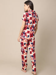 Studio By Arj She's Inn Dazzling Designs Women Red & Blue Printed Night Suit Poly Viscose  Pajama Set