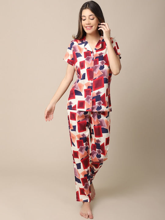 Studio By Arj She's Inn Dazzling Designs Women Red & Blue Printed Night Suit Poly Viscose  Pajama Set