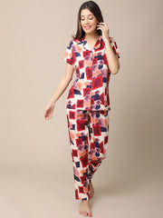 Studio By Arj She's Inn Dazzling Designs Women Red & Blue Printed Night Suit Poly Viscose  Pajama Set