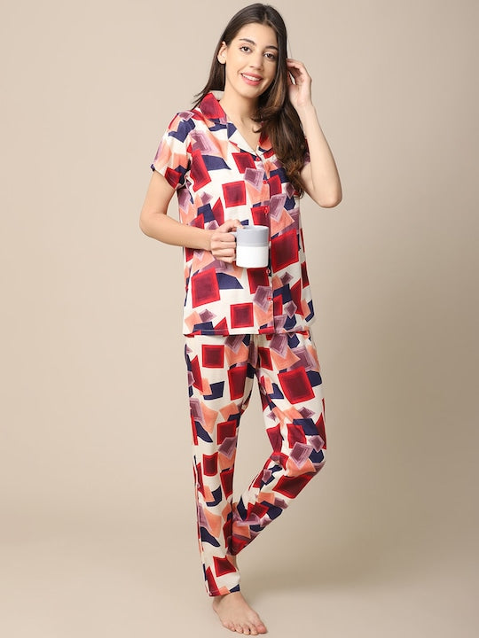 Studio By Arj She's Inn Dazzling Designs Women Red & Blue Printed Night Suit Poly Viscose  Pajama Set