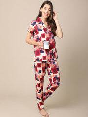 Studio By Arj She's Inn Dazzling Designs Women Red & Blue Printed Night Suit Poly Viscose  Pajama Set