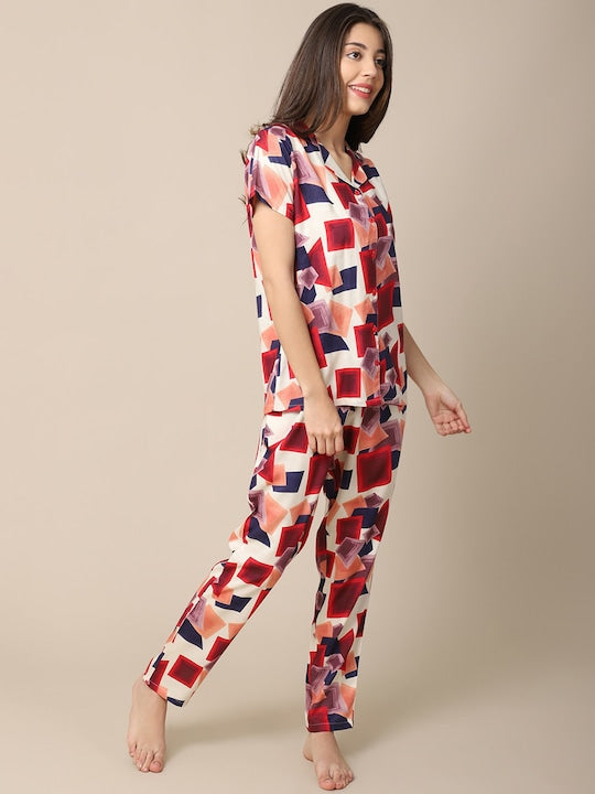 Studio By Arj She's Inn Dazzling Designs Women Red & Blue Printed Night Suit Poly Viscose  Pajama Set