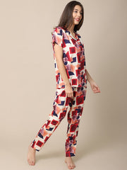 Studio By Arj She's Inn Dazzling Designs Women Red & Blue Printed Night Suit Poly Viscose  Pajama Set