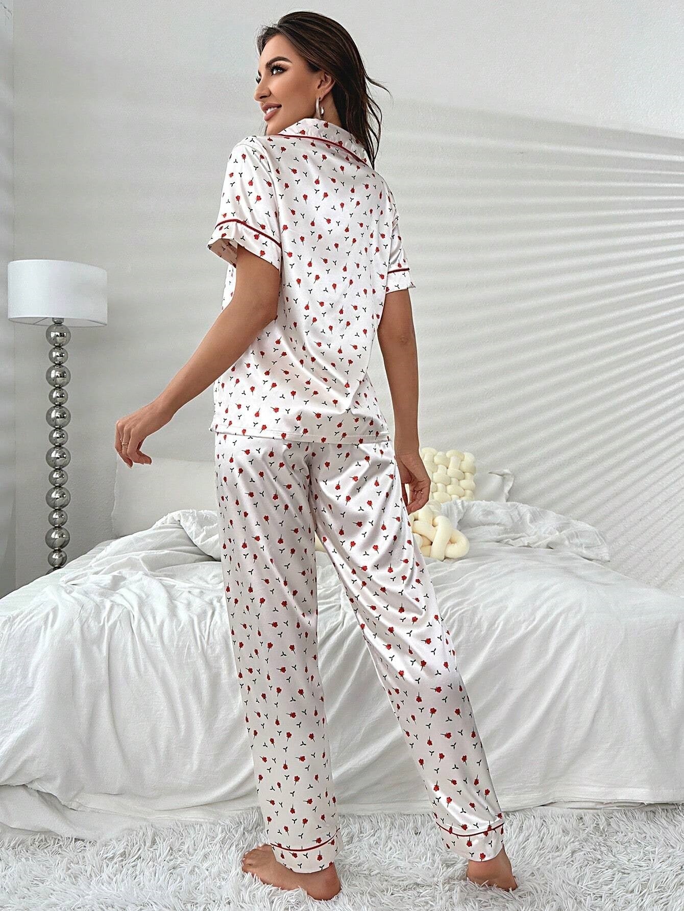 Studio By Arj She's Inn Fashion Flair Floral Print Contrast Piping Satin PJ Set  ARJ-PJ-FLWR-01
