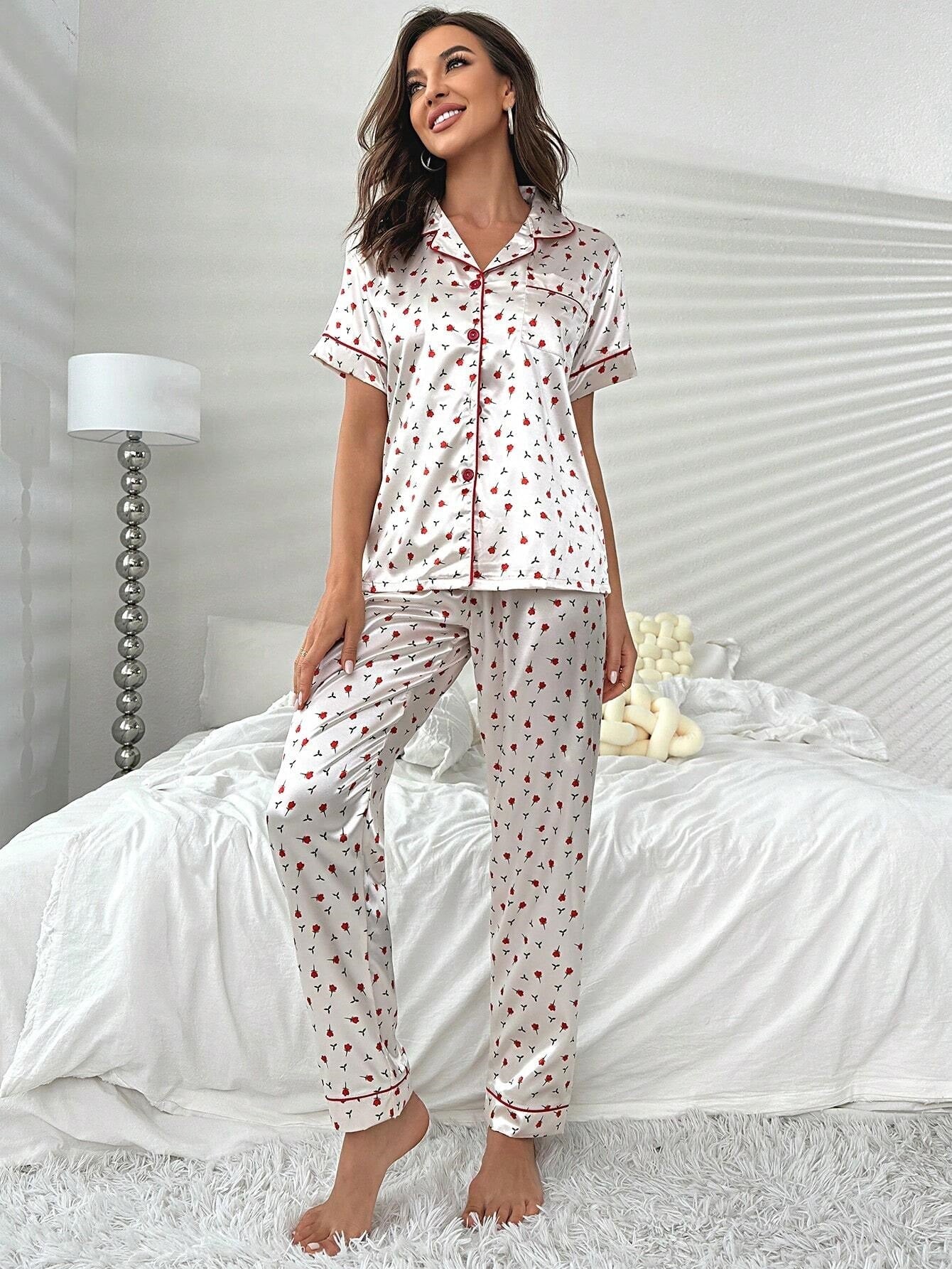 Studio By Arj She's Inn Fashion Flair Floral Print Contrast Piping Satin PJ Set  ARJ-PJ-FLWR-01