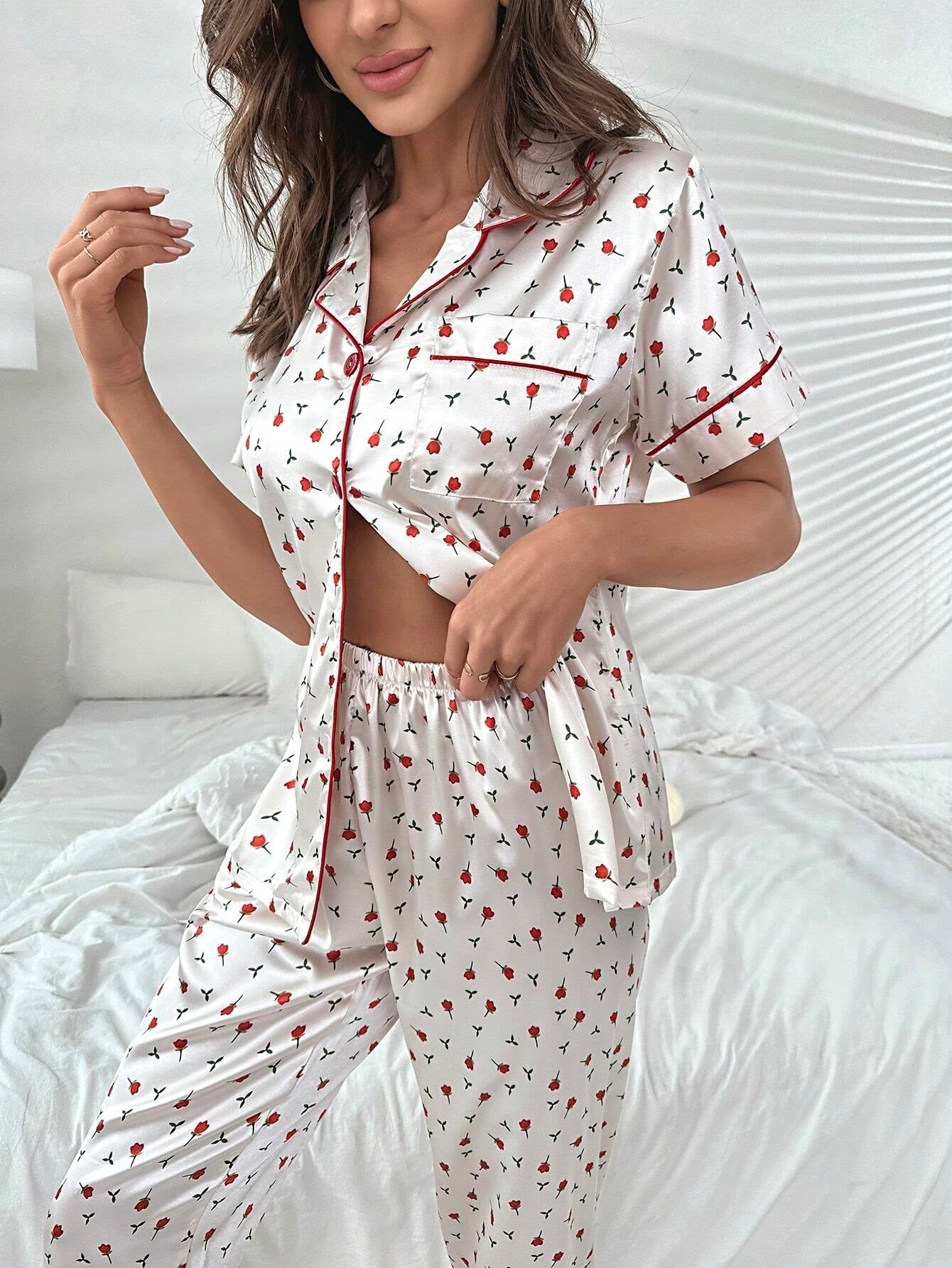 Studio By Arj She's Inn Fashion Flair Floral Print Contrast Piping Satin PJ Set  ARJ-PJ-FLWR-01