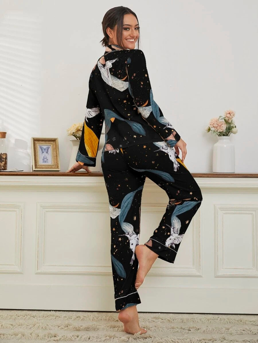 Studio By Arj She's Inn Timeless Trends Bird & Plant Print Pocket Front PJ Set ARJ-PJ-PLANT