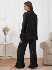 Studio By Arj Bella de Fashion Radiant Styles Notch Collar Satin Blouse and Ruffle Hem Pants PJ Set