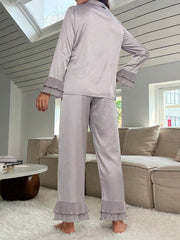 Studio By Arj Bella de Fashion Modern Marvels Women Summer Pajamas Set Notch Collar Satin Blouse an Ruffle Hem Pants Set
