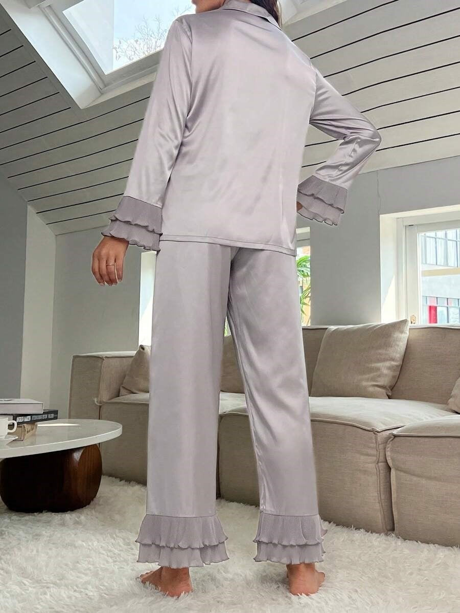 Studio By Arj Bella de Fashion Radiant Styles Notch Collar Satin Blouse and Ruffle Hem Pants PJ Set