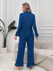 Studio By Arj Bella de Fashion Unique Essentials Women Summer Pajamas Set Notch Collar Satin Blouse and Ruffle Hem Pants Set