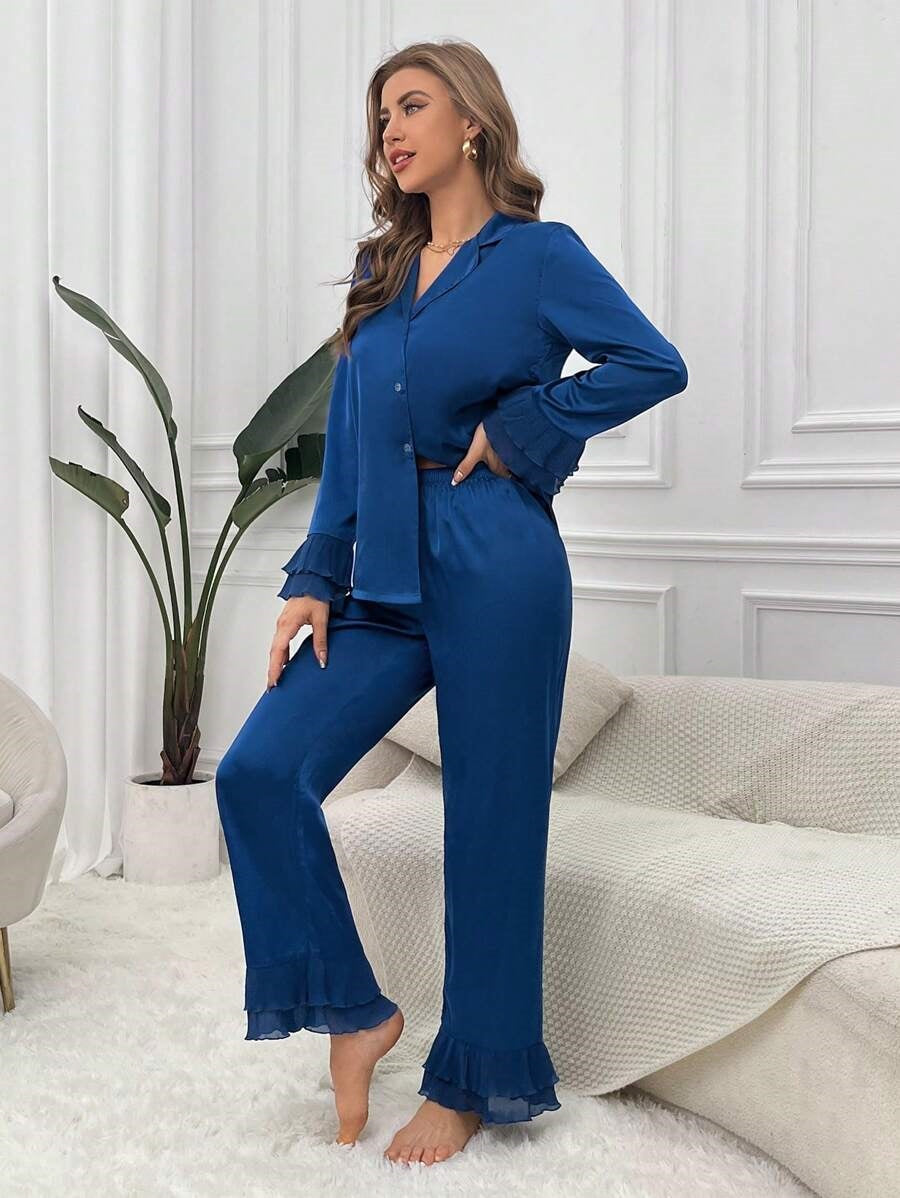 Studio By Arj Bella de Fashion Radiant Styles Notch Collar Satin Blouse and Ruffle Hem Pants PJ Set