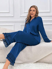 Studio By Arj Bella de Fashion Unique Essentials Women Summer Pajamas Set Notch Collar Satin Blouse and Ruffle Hem Pants Set