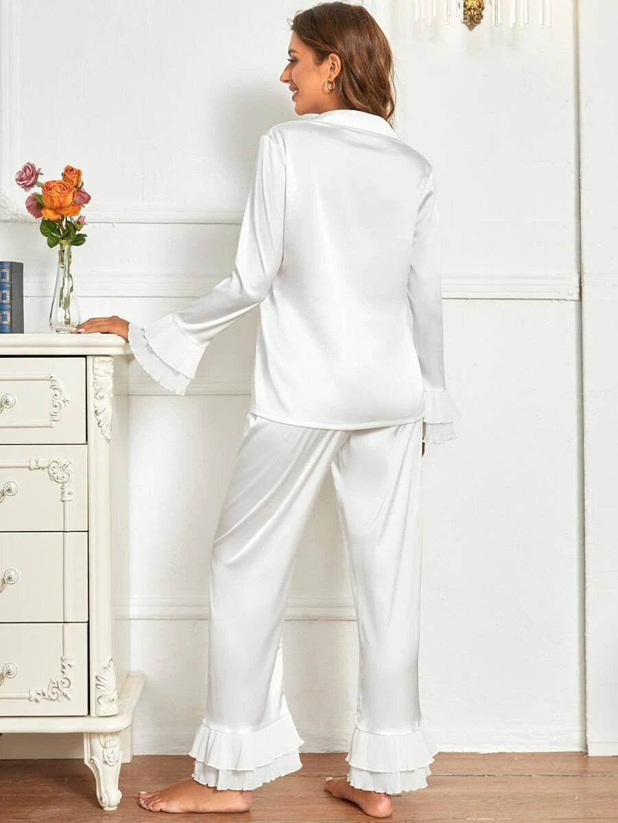 Studio By Arj Bella de Fashion Radiant Styles Notch Collar Satin Blouse and Ruffle Hem Pants PJ Set