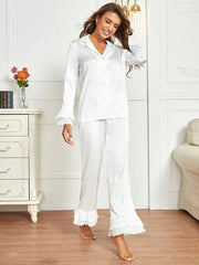 Studio By Arj Bella de Fashion Effortless Elegance Women Summer Pajamas Set Notch Collar Satin Blouse and Ruffle Hem Pants Set