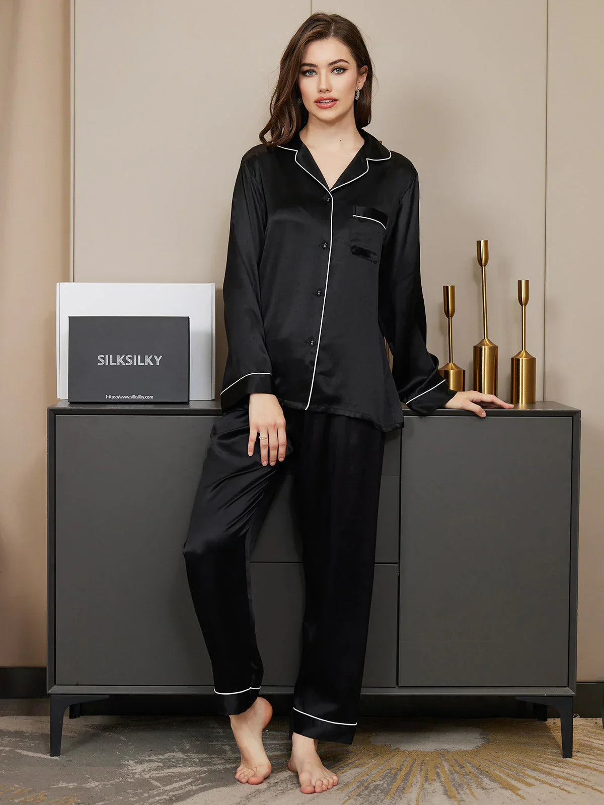 Studio By Arj Bella de Fashion Trendy Touches Contrast Pipping Satin Silk Black Pajama Set  ARJ-PJ27-BLK