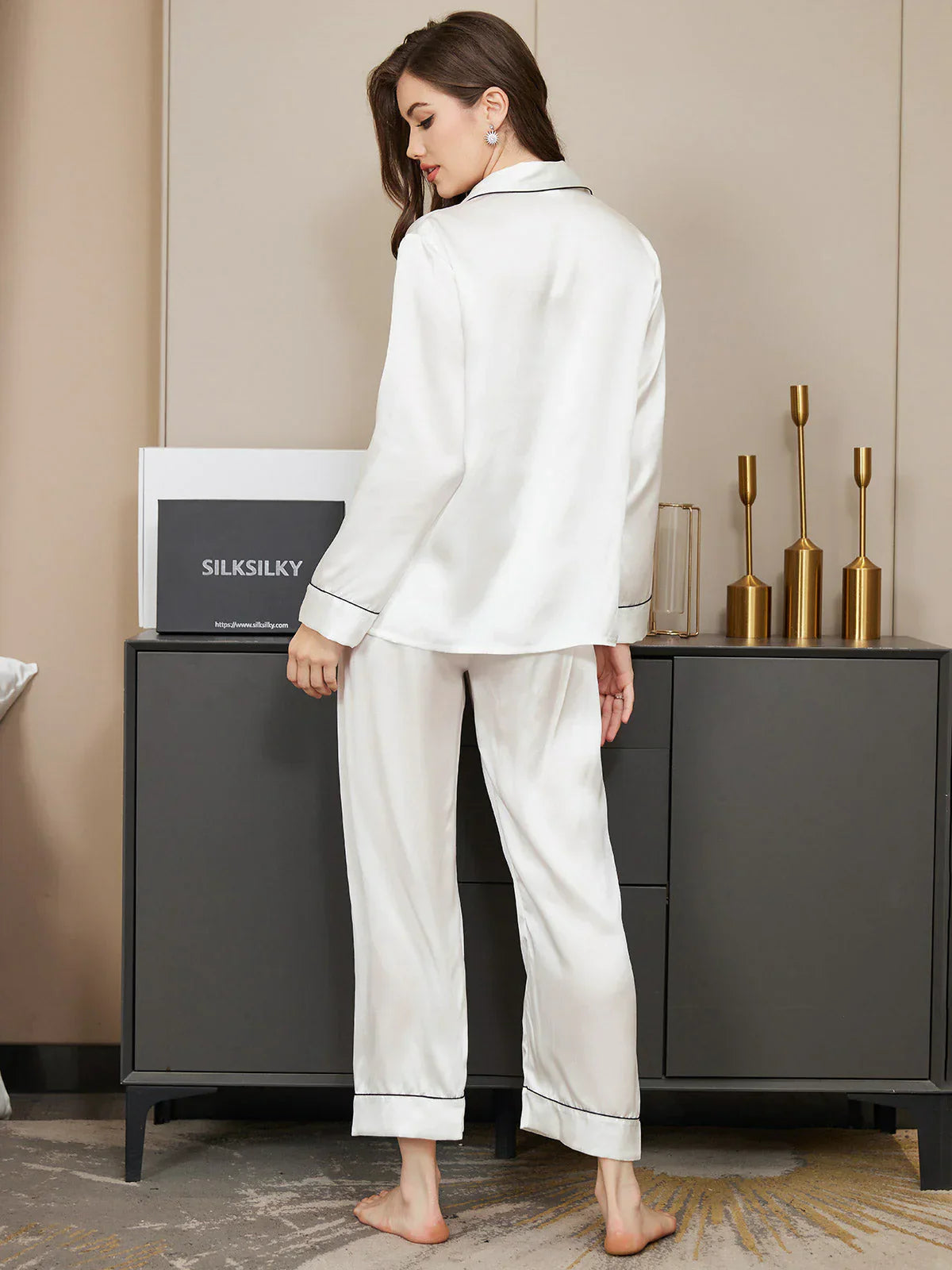 Studio By Arj Bella de Fashion Essential Elegance Contrast Pipping Satin Silk White Pajama Set  ARJ-PJ27-WHT
