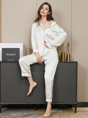Studio By Arj Bella de Fashion Essential Elegance Contrast Pipping Satin Silk White Pajama Set  ARJ-PJ27-WHT