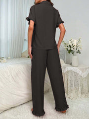 Studio By Arj Bella de Fashion Fabulous Finds Notch Collar Satin Blouse and Ruffle Hem Pants PJ Set