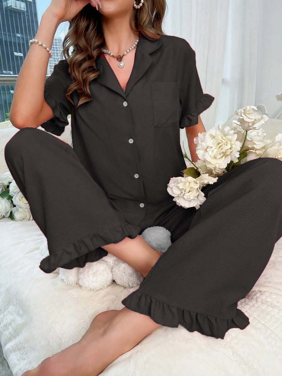 Studio By Arj Bella de Fashion Fabulous Finds Notch Collar Satin Blouse and Ruffle Hem Pants PJ Set