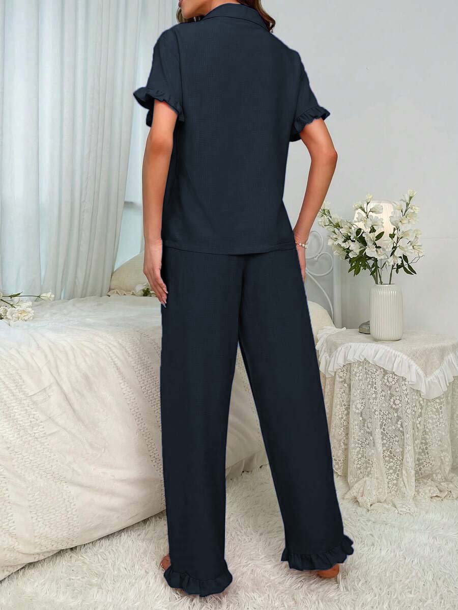 Studio By Arj Bella de Fashion Fabulous Finds Notch Collar Satin Blouse and Ruffle Hem Pants PJ Set