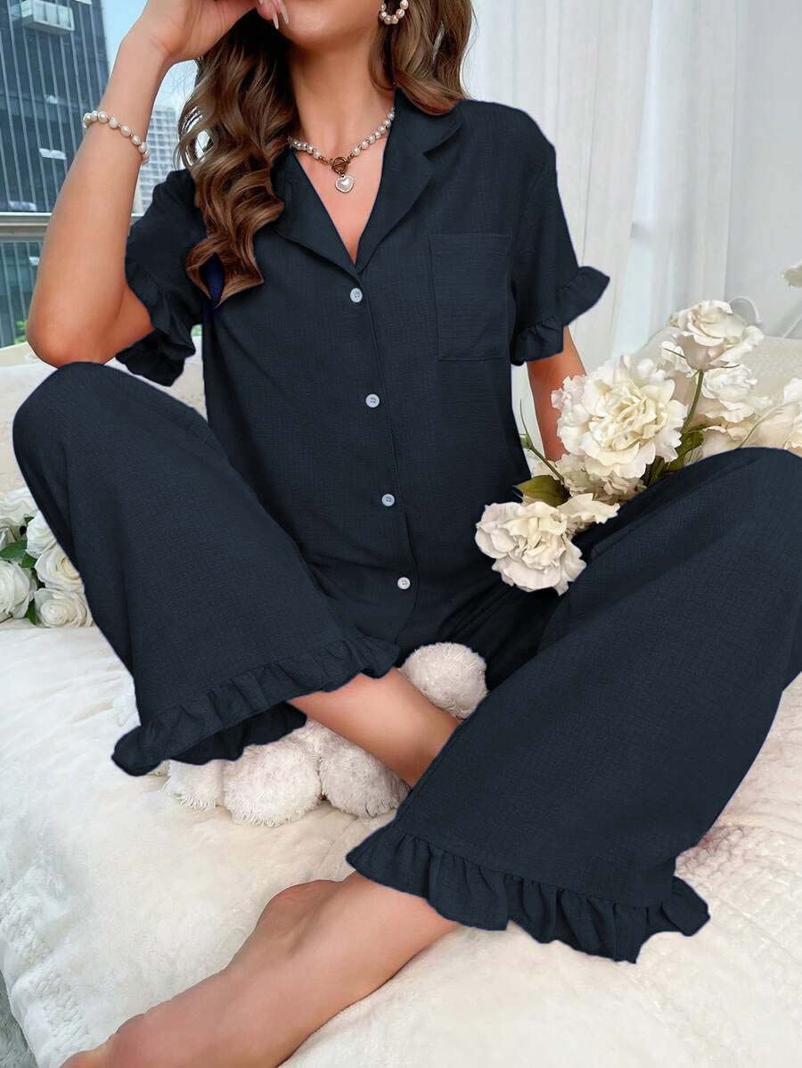 Studio By Arj Bella de Fashion Fabulous Finds Notch Collar Satin Blouse and Ruffle Hem Pants PJ Set