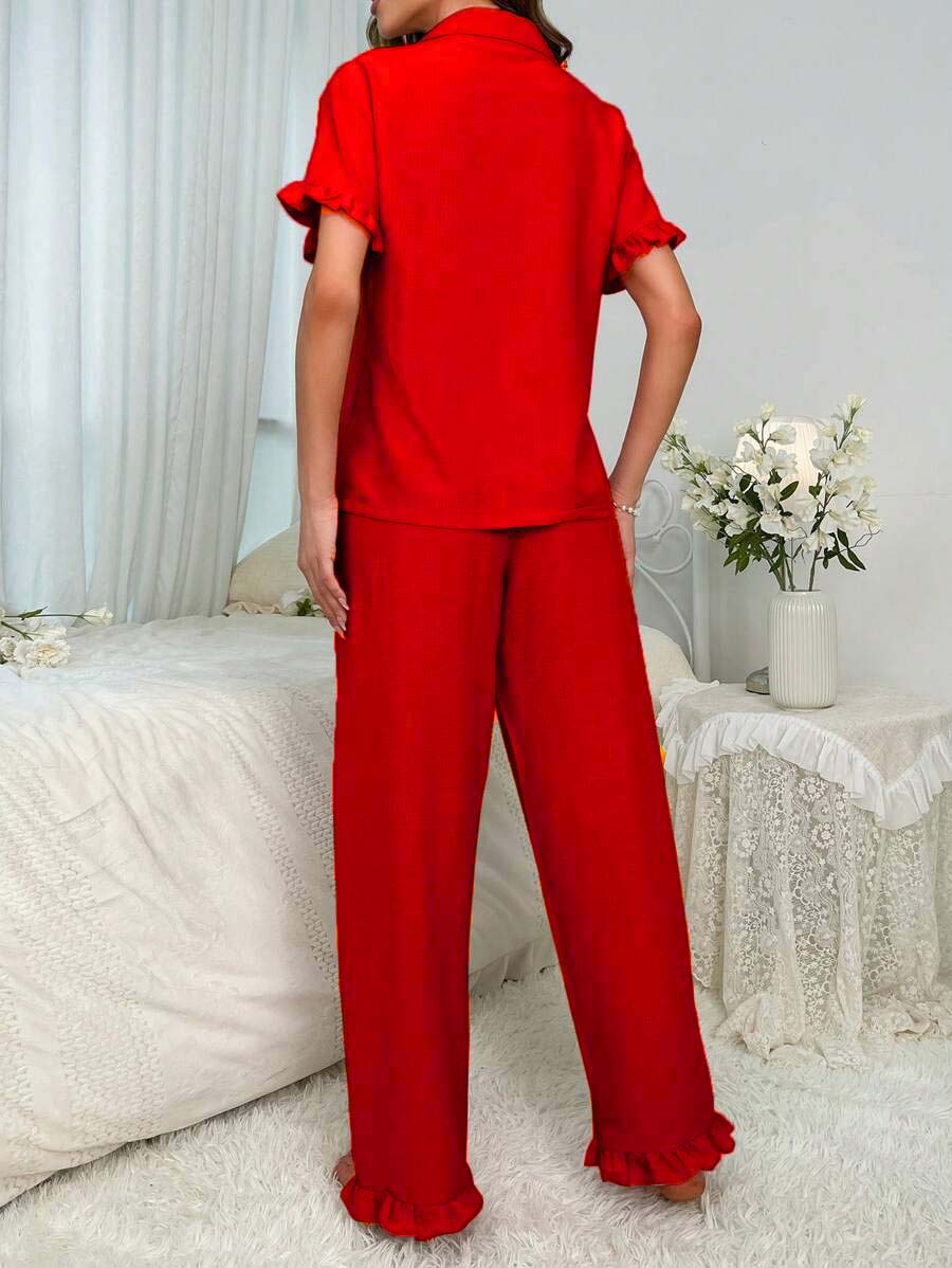 Studio By Arj Bella de Fashion Fabulous Finds Notch Collar Satin Blouse and Ruffle Hem Pants PJ Set