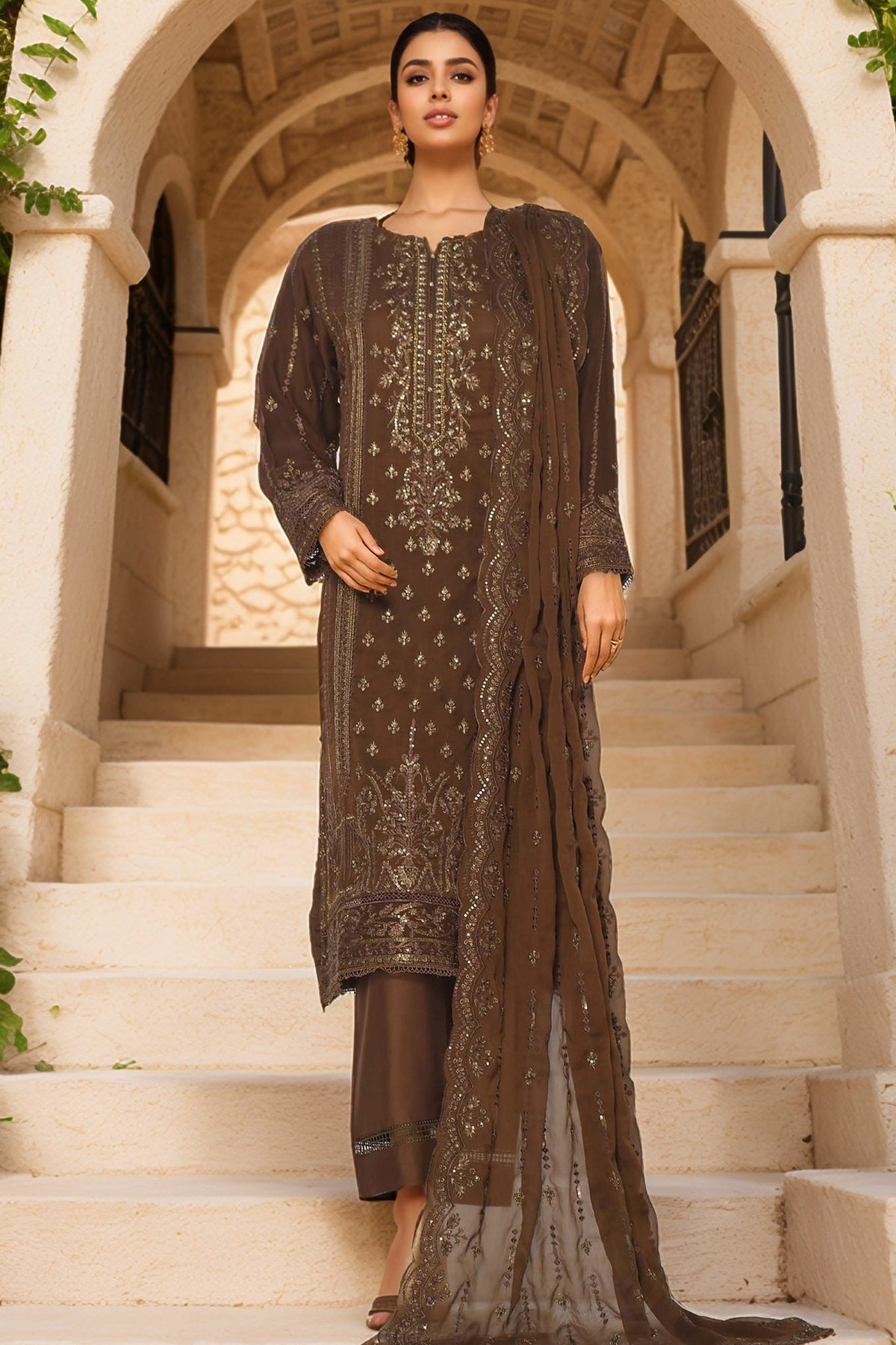 Afsanay By Sada Bahar Stitched 3 Piece Luxury Chiffon Vol-07 Limited Edition Collection'2024-CR-7-Brown