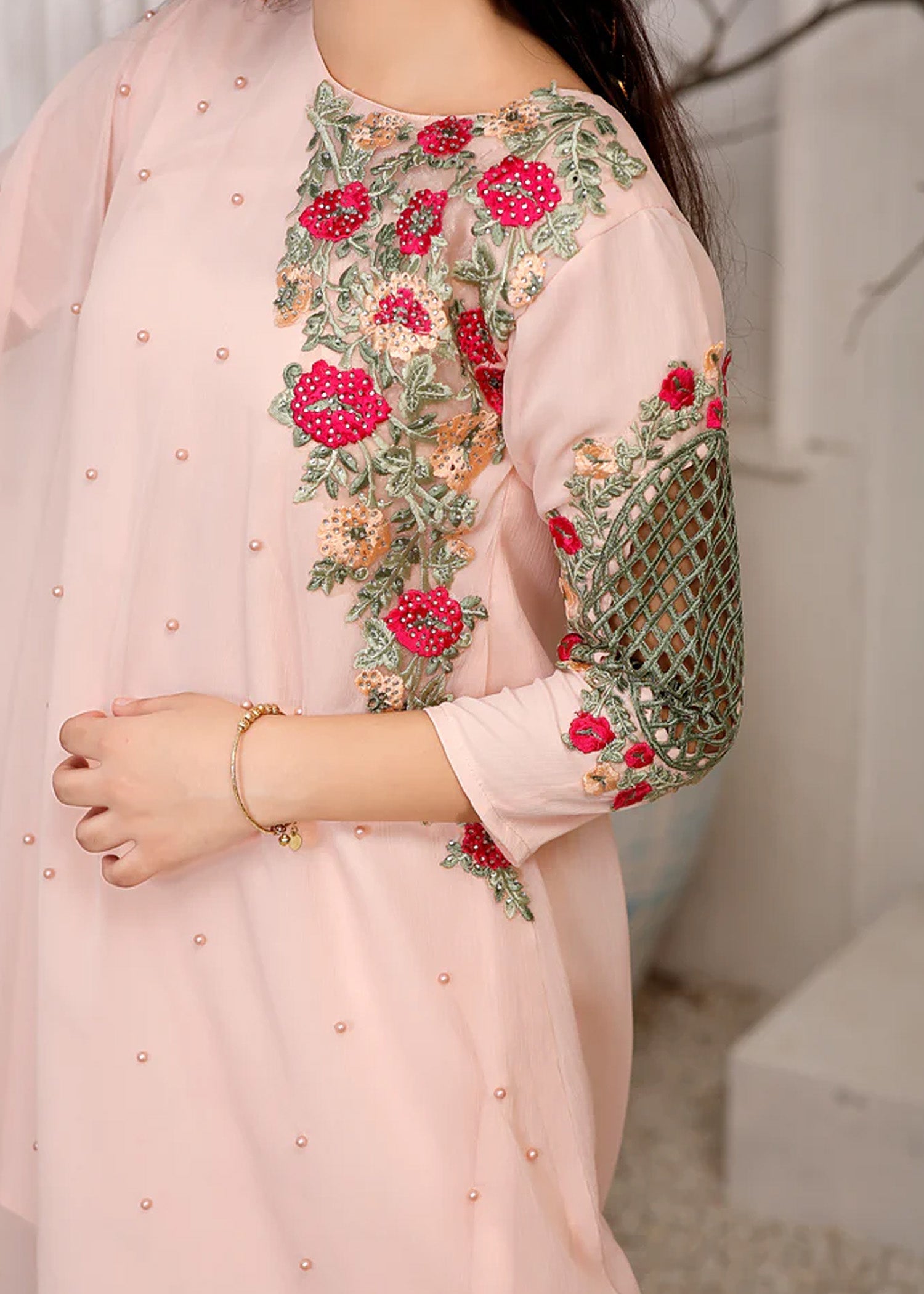 Modest Stitched 3 Piece Formals Kids Collection'2025-Pearl Cape Shirt - Peach