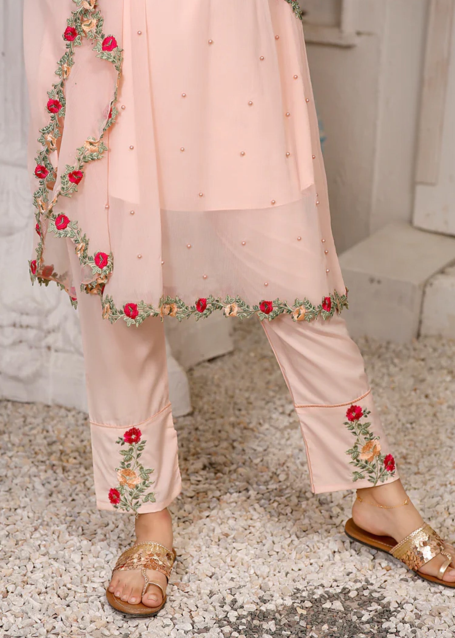 Modest Stitched 3 Piece Formals Kids Collection'2025-Pearl Cape Shirt - Peach