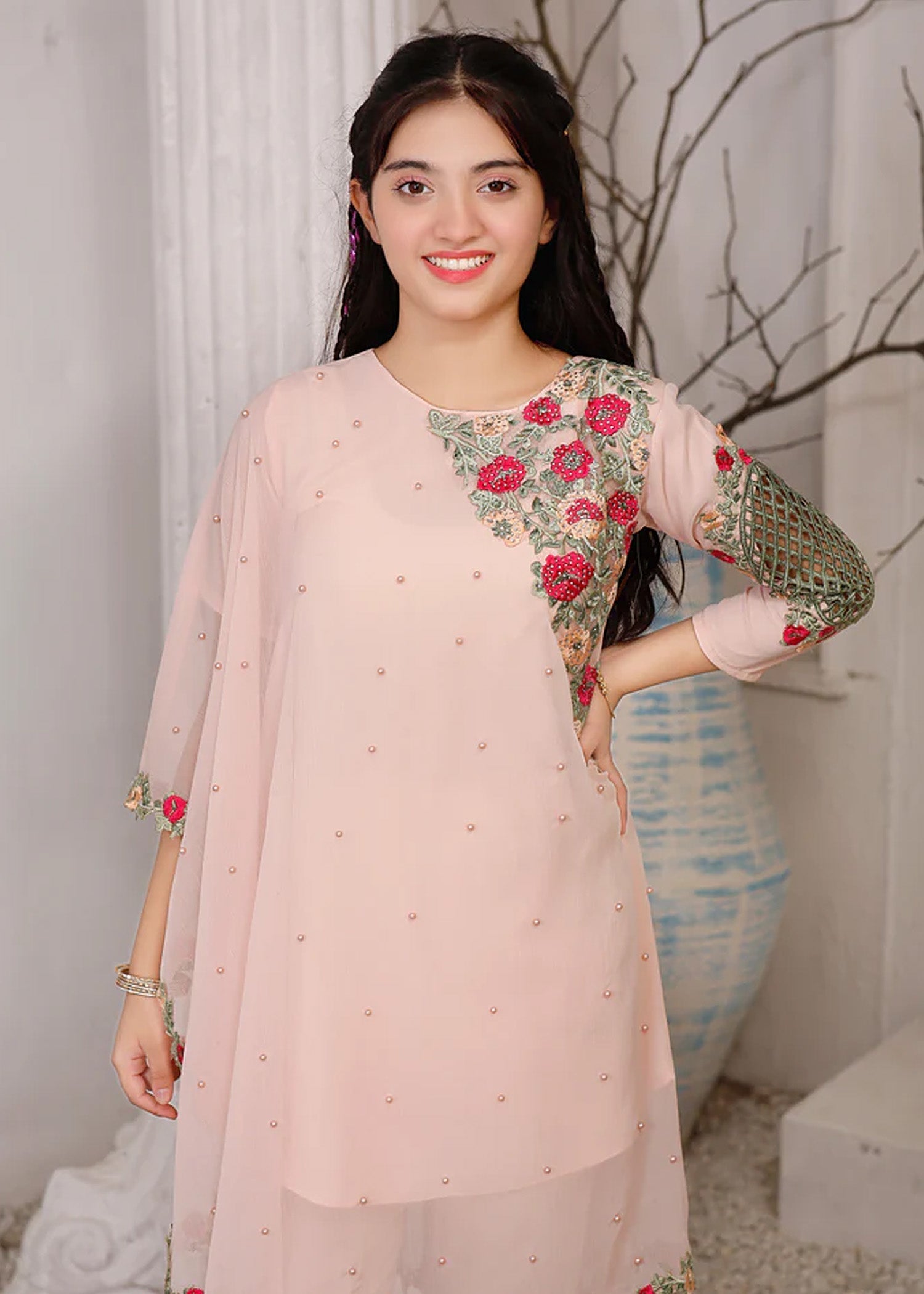 Modest Stitched 3 Piece Formals Kids Collection'2025-Pearl Cape Shirt - Peach