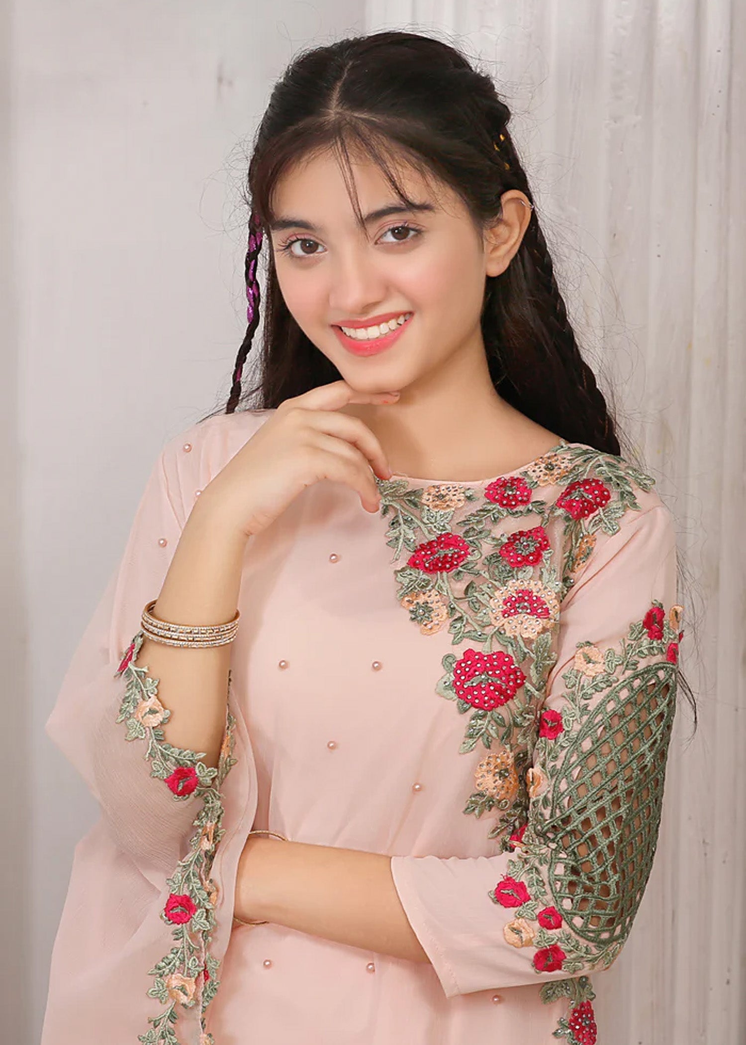 Modest Stitched 3 Piece Formals Kids Collection'2025-Pearl Cape Shirt - Peach