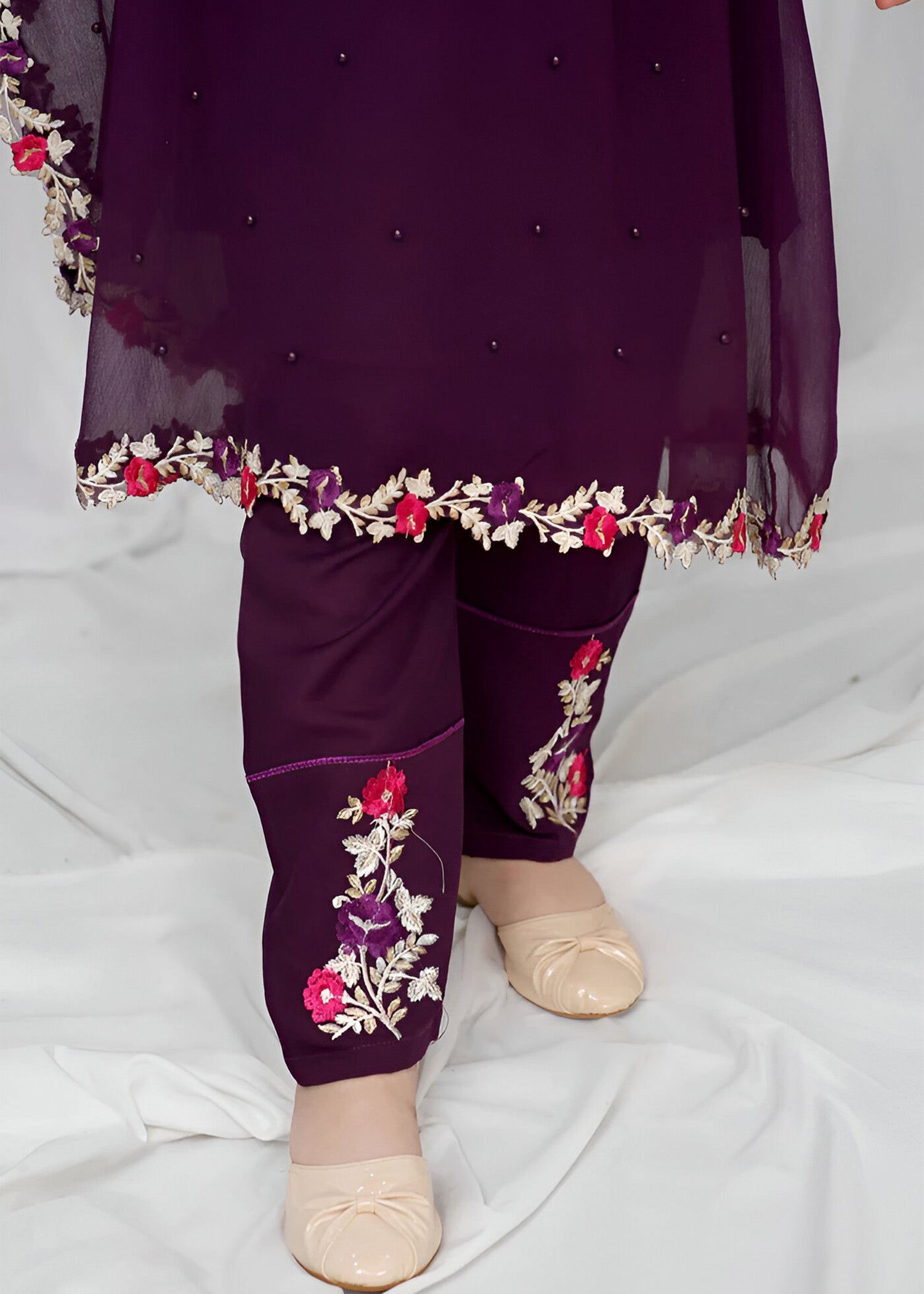 Modest Stitched 3 Piece Formals Kids Collection'2025-Pearl Cape Shirt - Purple
