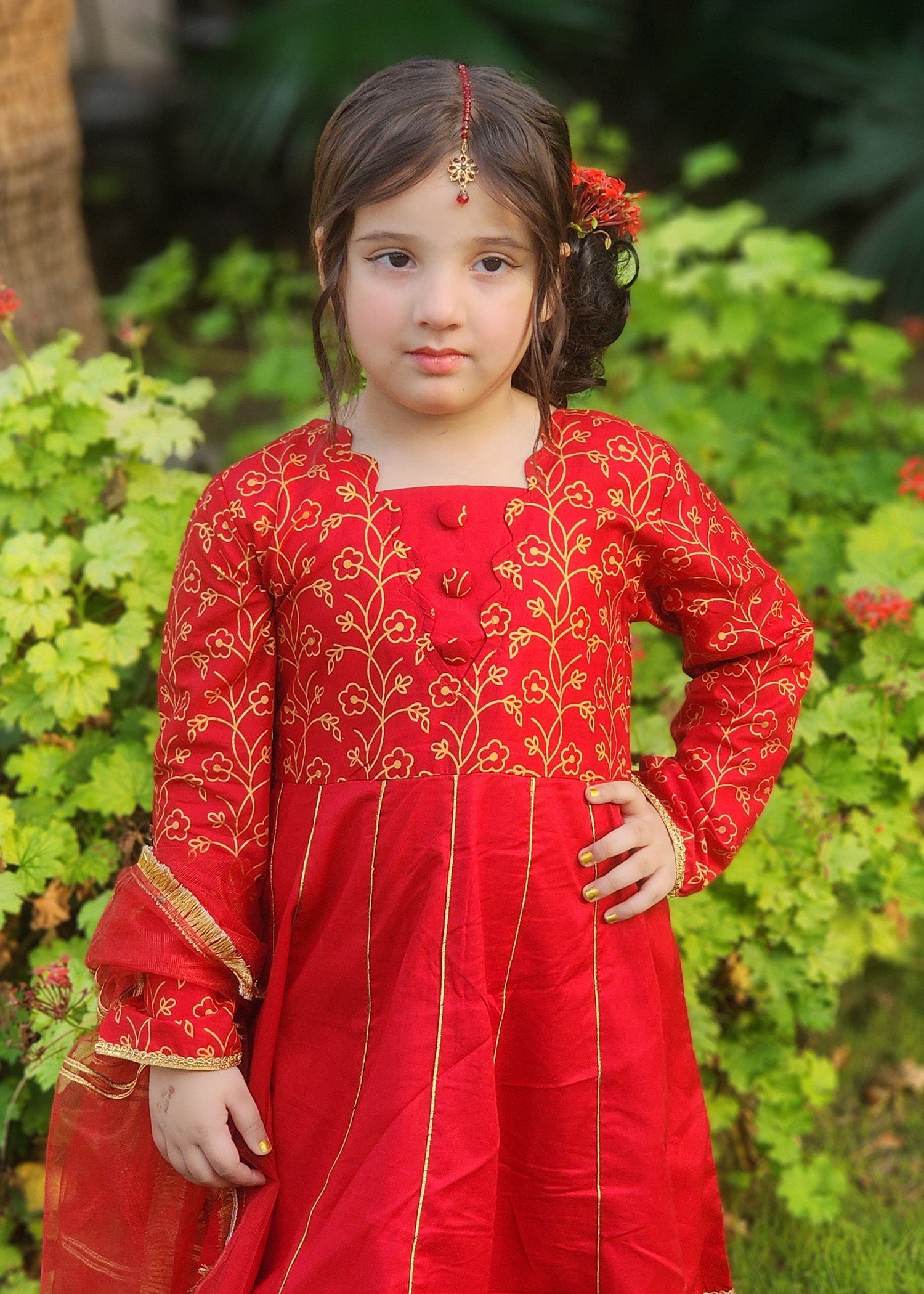 Modest Stitched 3 Piece Luxury Festive Kids Collection'2025-Blooming Red