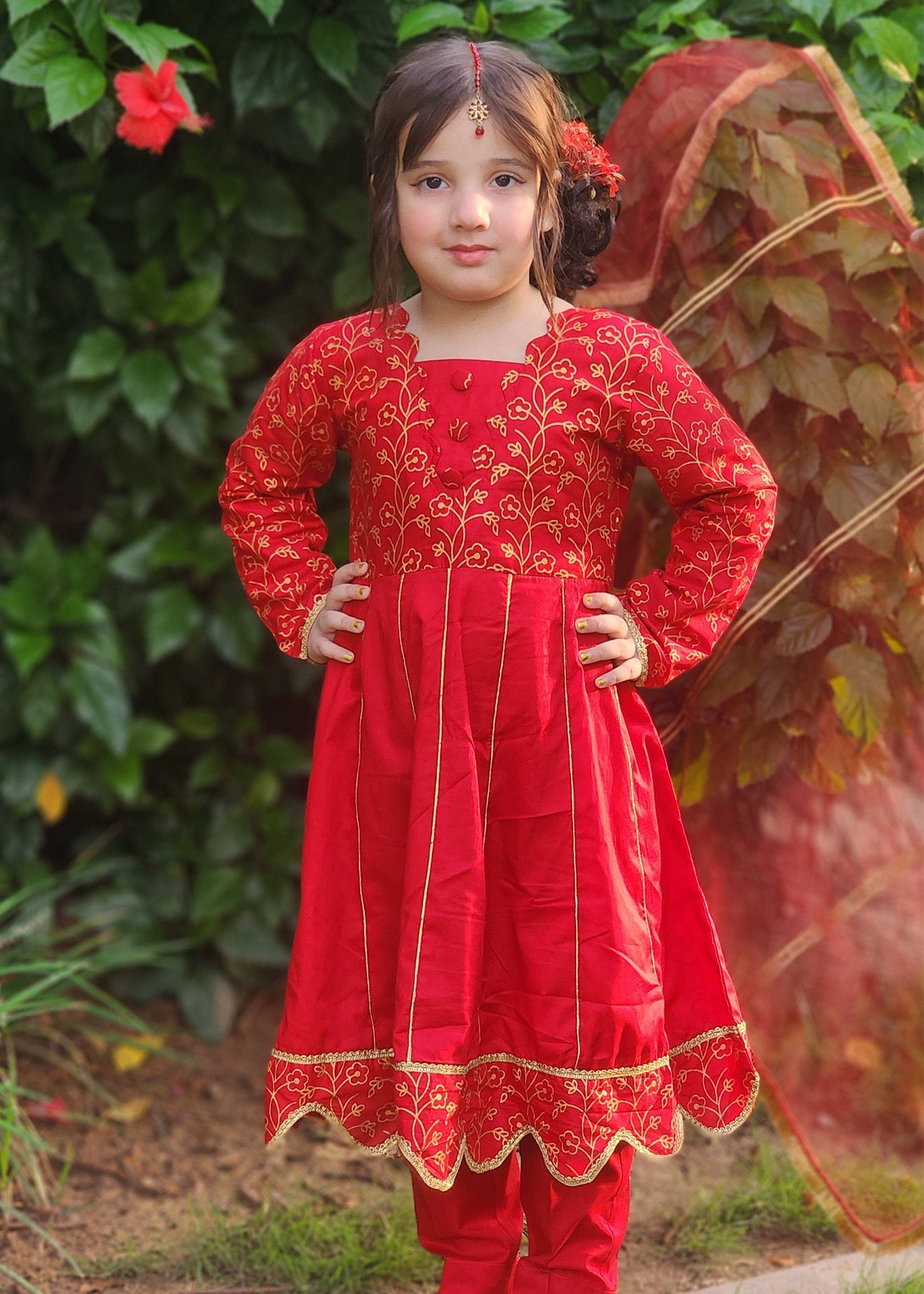 Modest Stitched 3 Piece Luxury Festive Kids Collection'2025-Blooming Red