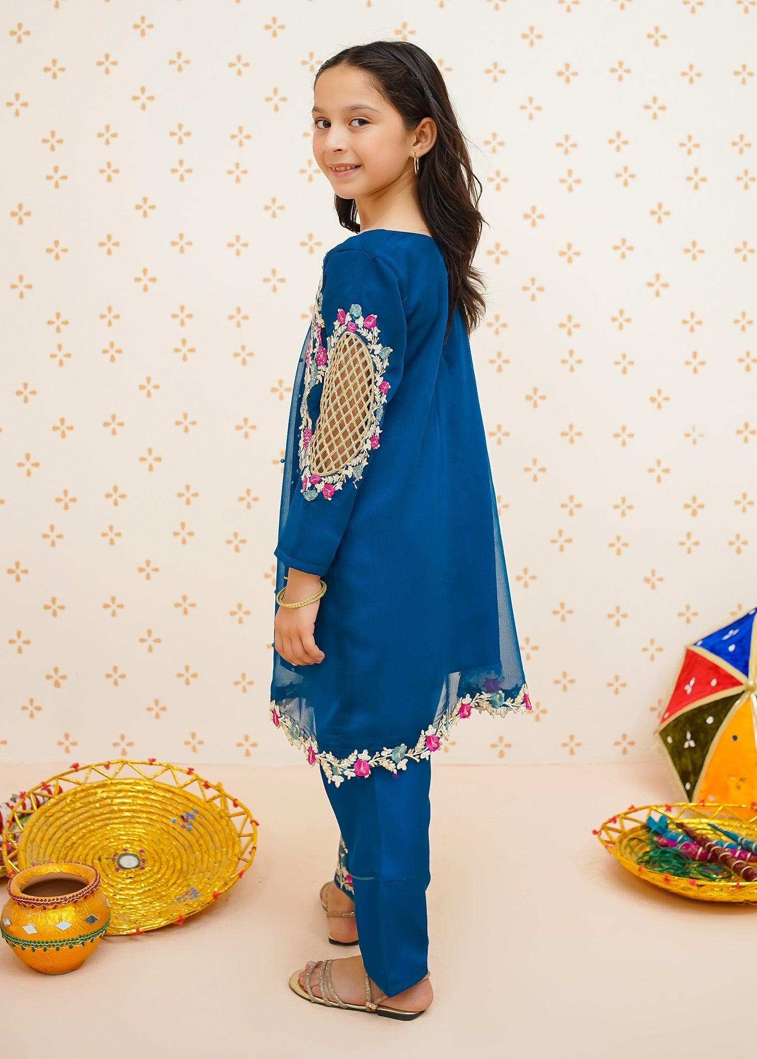 Modest Stitched 3 Piece Formals Kids Collection'2025-Pearl Cape Dress - Blue